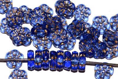 Glasperlen Blüten, blau transp. mit Goldauflage, hergestellt in Gablonz Tschechien