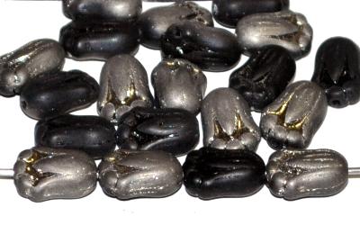 Glasperlen Blüten in Jugendstilform,
 schwarz opak mattiert eine Seite mit metallic finish,
 hergestellt in Gablonz / Tschechien