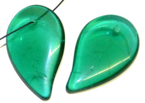 große Glasanhänger Tropfen bzw. Blattform 
 smaragdgrün transp., 
 hergestellt in Gablonz / Tschechien