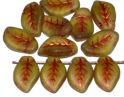 Glasperlen Blätter olivgrün transp., mattiert mit metallic Auflage, hergestellt in Gablonz / Tschechien