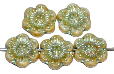 Glasperlen Blüten, gelbgrün opak mit metallic finish, hergestellt in Gablonz / Tschechien