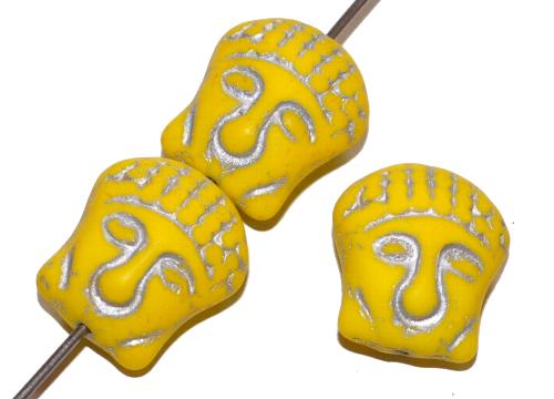 Glasperlen Buddha heads gelb opak mattiert mit Silberauflage Vorder-und Rückseite geprägt, hergestellt in Gablonz / Tschechie 