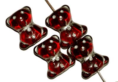 Glasperlen Bärchen, Vorderseite geprägt, rot transp. mit Silberauflage, hergestellt in Gablonz / Tschechien