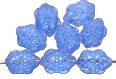 Glasperlen Schildkröte
 Vorder-und Rückseite geprägt,
 blau transp., hergestellt in Gablonz / Tschechien