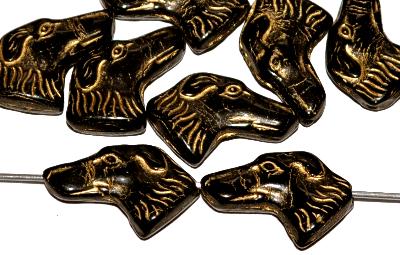 Glasperlen Hundeköpfe 
 schwarz mit Goldauflage,
 Vorder-und Rückseite geprägt,
 hergestellt in Gablonz / Tschechien