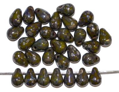 Glasperlen Tropfen olivgrün opak mit picasso finish und lüster, hergestellt in Gablonz Tschechien