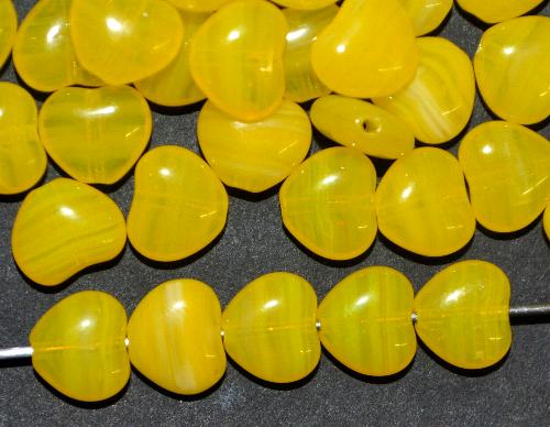 Glasperlen Herzen,
 Mischglas gelb marmoriert,
 hergestellt in Gablonz / Tschechien
