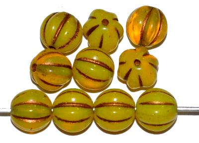 Glasperlen Melonbeads
 Opalglas gelb mit metallic finish,
 hergestellt in Gablonz / Tschechien