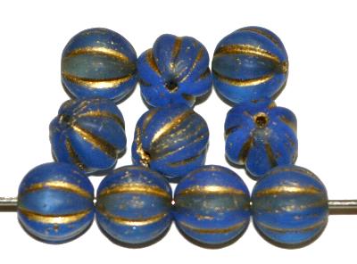 Glasperlen Melonbeads
 blau transp. mattiert mit metallic finish,
 hergestellt in Gablonz / Tschechien