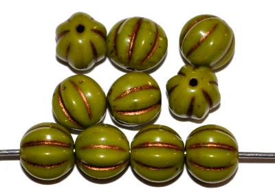 Glasperlen Melonbeads
 oliv opak mit metallic finish,
 hergestellt in Gablonz / Tschechien
