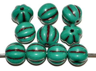 Glasperlen Melonbeads,
 blaugrün opak mit metallic finish,
 hergestellt in Gablonz / Tschechien