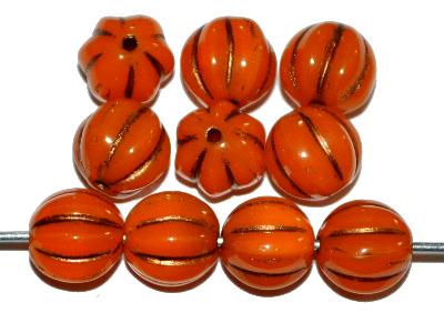 Glasperlen Melonbeads
 Alabasterglas orange mit metallic finish,
 hergestellt in Gablonz / Tschechien