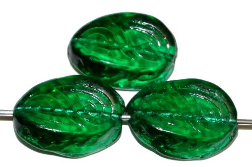 Antik style Glasperlen 
 grün transp. mit eingeprägten paisley Muster, 
 nach alten Vorlagen 
 aus den 1920 Jahren in Gablonz Tschechien neu gefertigt