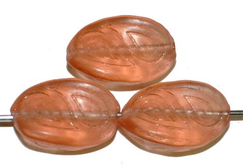 Antik style Glasperlen 
 apricot transp. mattiert mit eingeprägten paisley Muster, 
 nach alten Vorlagen 
 aus den 1920 Jahren in Gablonz Tschechien neu gefertigt