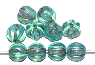 Glasperlen / Melonbeads
 Opalglas türkis mit metallic finish antik silber,
 hergestellt in Gablonz / Tschechien