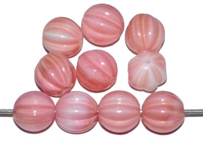 Glasperlen Melonbeads,
 rosa marmoriert opak,
 hergestellt in Gablonz / Tschechien