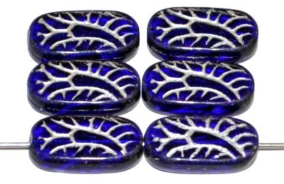 Antik style Glasperlen blau transp. mit floral geprägter Oberfläche und Farbauflage silber, nach alten Vorlagen aus den 1930/40 Jahren in Gablonz Tschechien neu gefertigt 