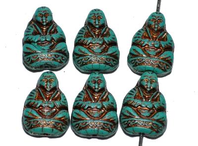 Buddha Glasperlen türkis opak mit antik bronze finish,
 Vorder- und Rückseite geprägt,
 nach alten Vorlagen aus den 1920 Jahren in Gablonz / Tschechien neu gefertigt