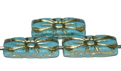 vintage style Glasperlen mit Blütenornament, türkisblau opak mit Goldauflage,
 nach alten Vorlagen aus den 1930 Jahren in Gablonz / Tschechien neu gefertigt