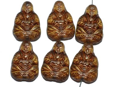 Buddha Glasperlen blassgelb transp. mit antik bronze finish, Vorder- und Rückseite geprägt, nach alten Vorlagen aus den 1920 Jahren in Gablonz / Tschechien neu gefertigt