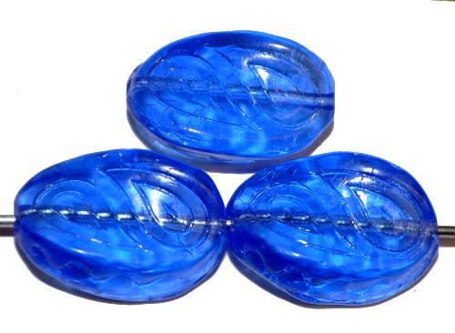 Antik style Glasperlen 
 blau transp. mit eingeprägten paisley Muster, 
 nach alten Vorlagen 
 aus den 1920 Jahren in Gablonz Tschechien neu gefertigt