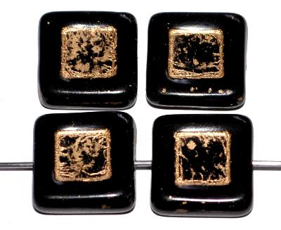 Glasperlen Quadrate
 schwarz mit Goldauflage,
 hergestellt in Gablonz / Tschechien