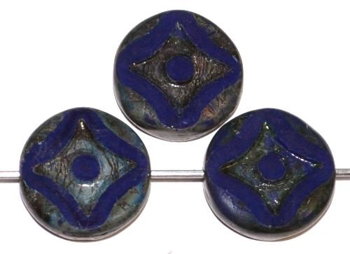 Glasperlen / Table Cut Beads dunkelblau opak, geschliffen mit picasso finish, hergestellt in Gablonz / Tschechien