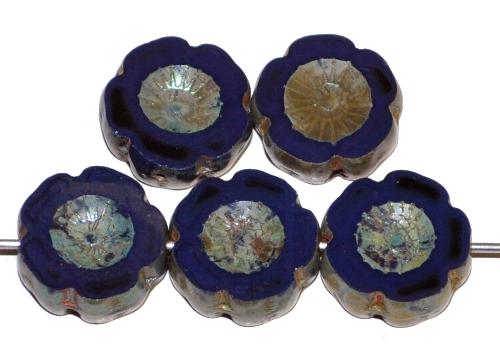 Glasperlen / Table Cut Beads Blüten geschliffen, 
 nachtblau opak mit burning silver picasso finish,
 hergestellt in Gablonz / Tschechien
