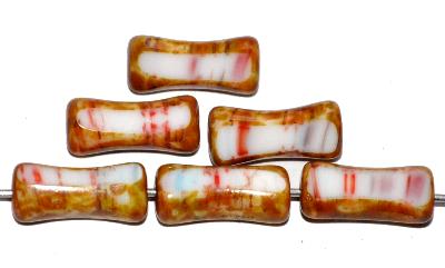 Glasperlen / Table Cut Beads geschliffen weiß rot marmoriert, Rand mit picasso finish, hergestellt in Gablonz Tschechien