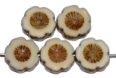 Glasperlen / Table Cut Beads Blüten geschliffen
 beige opak mit picasso finish,
 hergestellt in Gablonz / Tschechien