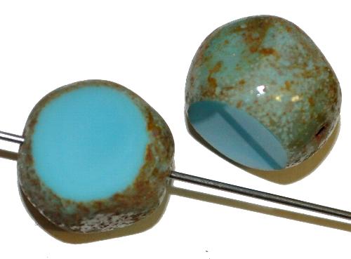 Glasperlen / Table Cut Beads geschliffen, 
 hellblau opak mit Stone finish, 
 hergestellt in Gablonz / Tschechien