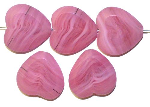 Glasperlen / Table Cut Beads
 Mischglas, rosa marmorierte Herzen, geschliffen,
 Rand mattiert,
 hergestellt in Gablonz Tschechien
