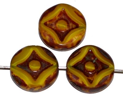 Glasperlen / Table Cut Beads
 gelb Perlettglas,
 geschliffen mit picasso finish, hergestellt in Gablonz / Tschechien