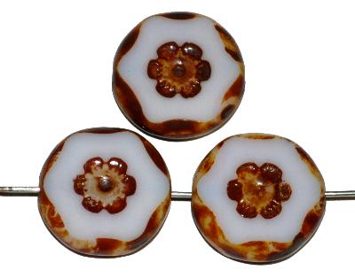 Glasperlen geschliffen / Table Cut Beads,
 alabasterweiß, mit eingepägtem Blütenornament,
 und picasso finish,
 hergestellt in Gablonz / Tschechien