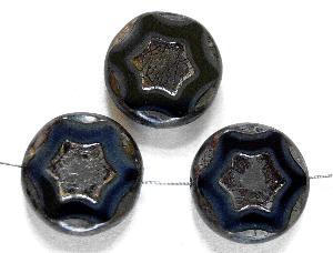 Glasperlen / Table Cut Beads,
 mit eingeprägtem Stern geschliffen,
 black smoke mit picasso finish,
 hergestellt in Gablonz / Tschechien