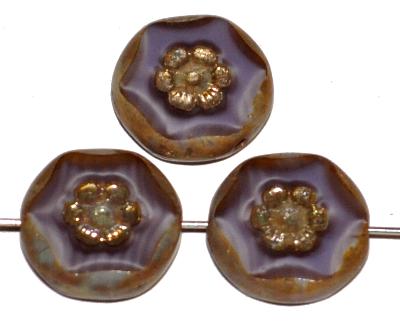 Glasperlen geschliffen / Table Cut Beads,
 violett Perlettglas, mit eingepägtem Blütenornament und burning silver picasso finish,
 hergestellt in Gablonz / Tschechien