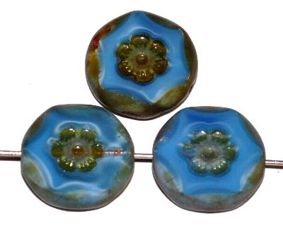 Glasperlen geschliffen / Table Cut Beads,
 mittelblau Perlettglas, mit eingepägtem Blütenornament und picasso finish, hergestellt in Gablonz / Tschechien