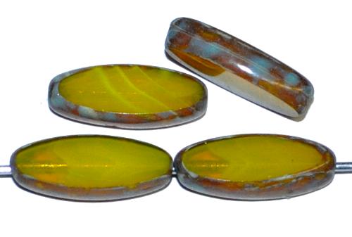 Glasperlen / Table Cut Beads geschliffen Narvett Form, Opalglas gelb mit picasso finish, hergestellt in Gablonz Tschechien
