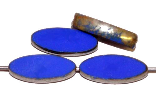 Glasperlen / Table Cut Beads geschliffen Narvett Form, blau opak mit burning silver picasso finish, hergestellt in Gablonz Tschechien