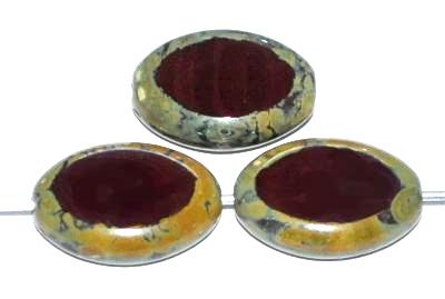 Glasperlen / Table Cut Beads Oliven geschliffen
 rotbraun opak, Rand mit picasso finish,
 hergestellt in Gablonz Tschechien