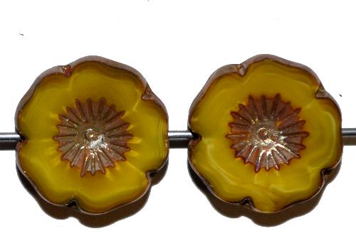 Glasperlen / Table Cut Beads 
 Perlettglas gelb, 
 Blüten geschliffen mit burning silver picasso finish, 
 hergestellt in Gablonz / Tschechien