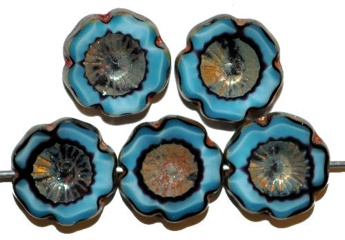 Glasperlen / Table Cut Beads Blüten geschliffen
 hell- dunkelblau opak mit picasso finish,
 hergestellt in Gablonz / Tschechien