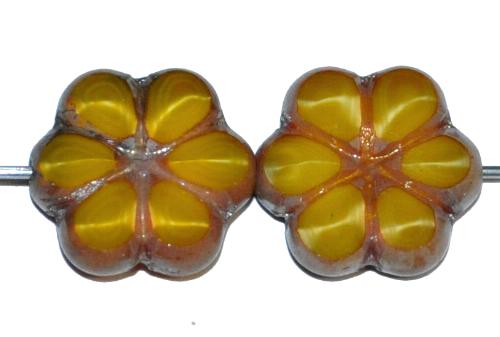 Glasperlen / Table Cut Beads Blüten geschliffen Perlettglas gelb mit picasso finish, hergestellt in Gablonz / Tschechien