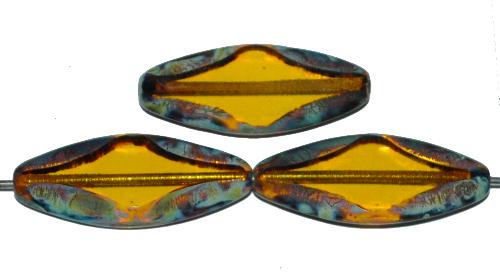 Glasperlen / Table Cut Beads geschliffen 
 olivgelb transp. mit picasso finish, 
 hergestellt in Gablonz / Tschechien 