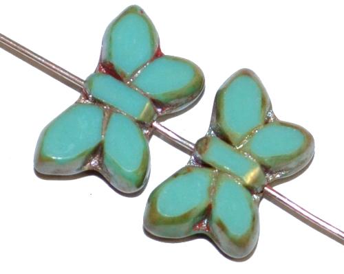 Glasperlen / Table Cut Beads Schmetterlinge 
 geschliffen, tütkisgrün opak mit picasso finish, 
 hergestellt in Gablonz Tschechien
