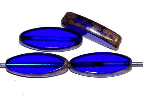Glasperlen / Table Cut Beads geschliffen Narvett Form, blau transp. mit burning silver picasso finish, hergestellt in Gablonz Tschechien