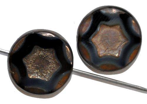 Glasperlen / Table Cut Beads geschliffen 
 mit eingeprägtem Stern, 
 black smoke bronze finish, 
 hergestellt in Gablonz / Tschechien