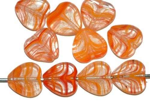 Glasperlen / Table Cut Beads 
 Herzen geschliffen 
 orangerot, 
 hergestellt in Gablonz / Tschechien