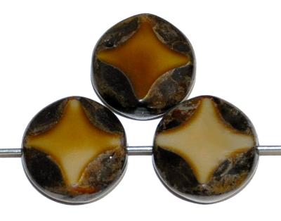 Glasperlen / Table Cut Beads
 beig/braun opak geschliffen mit picasso finish,
 hergestellt in Gablonz Tschechien