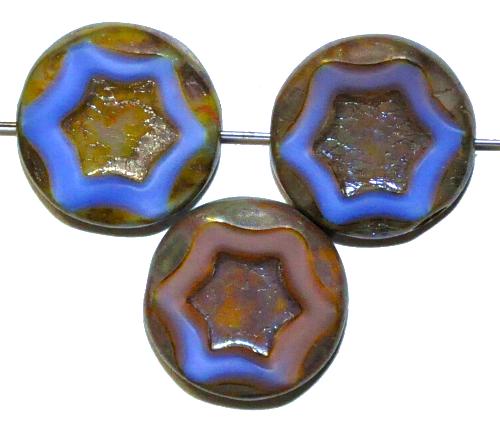 Glasperlen / Table Cut Beads geschliffen  
 mit eingeprägtem Stern,  
 kornblumenblau rosa mit burning silver picasso finish, 
 hergestellt in Gablonz / Tschechien